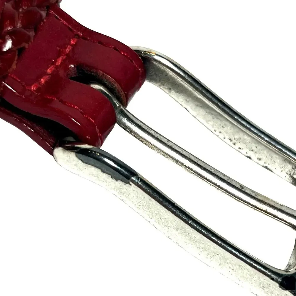 Lands End Leather Braided Skinny Belt Size Small Classic Red Woven Brass Buckle